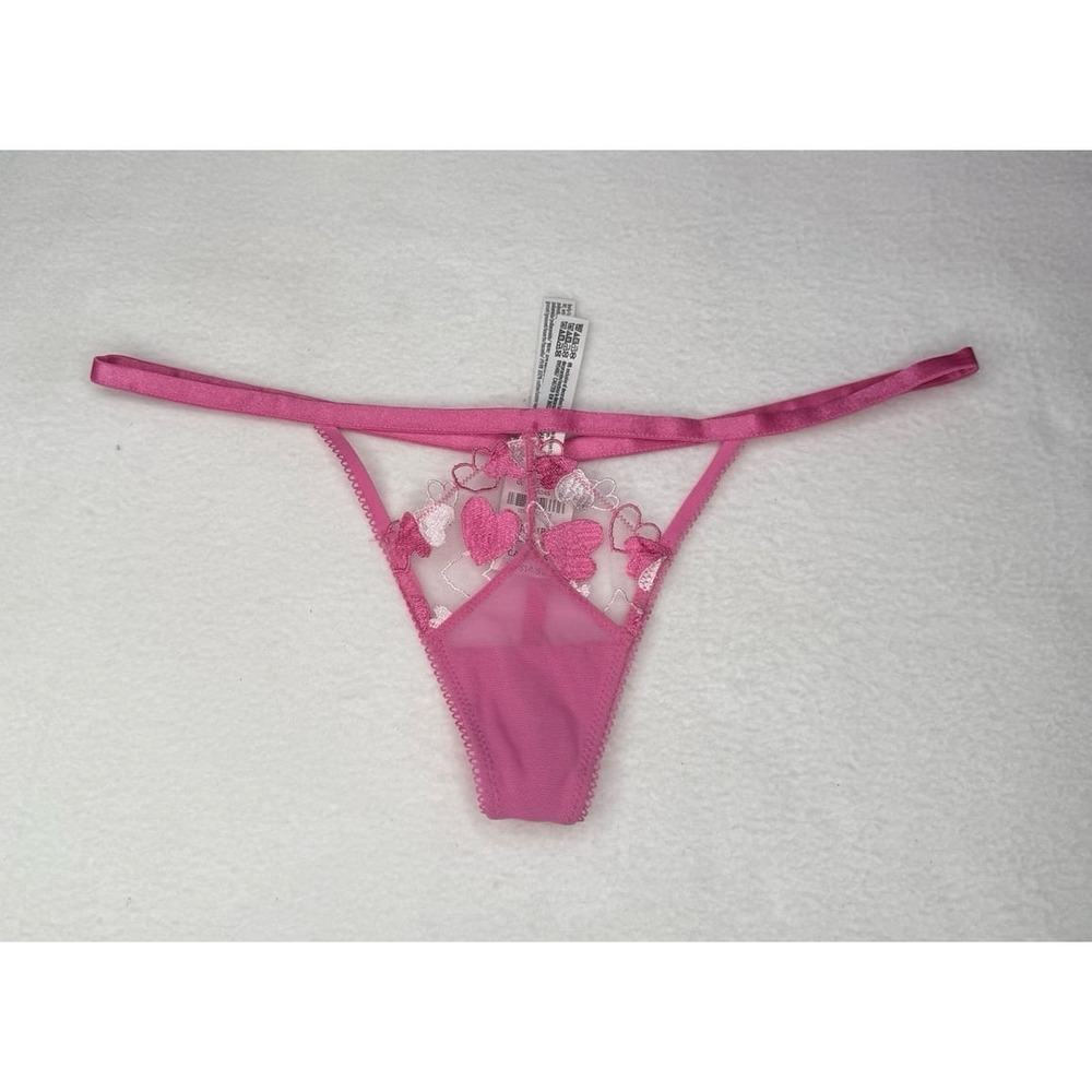 NWT PINK Victoria's Secret Heart Embroidered Mesh V-String Thong Panty XS Pink